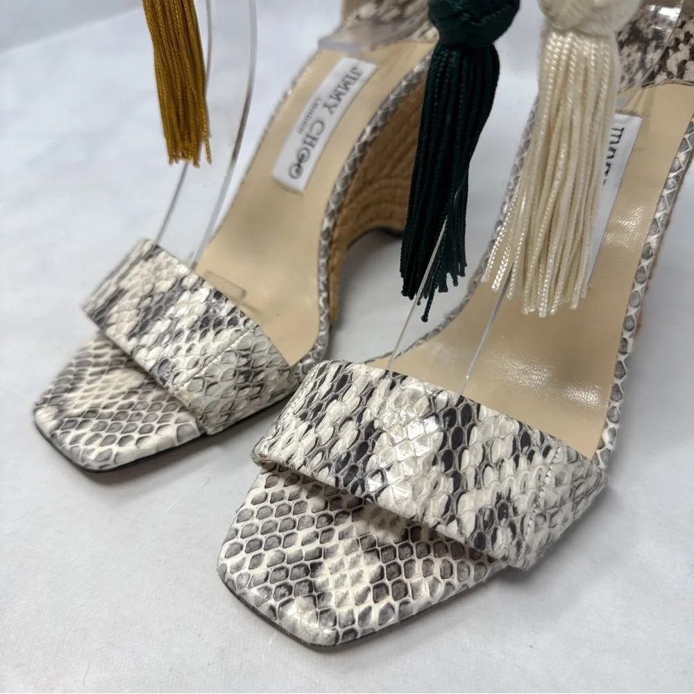NEW Jimmy Choo Deva 85 Snakeskin Leather Tasseled Ankle Tie Wedge Sandal Heels